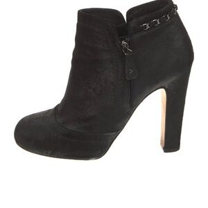 CHANEL 2014 Black Suede High Heel Ankle Boot with Chain Accent